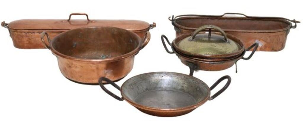 (5) FRENCH COPPER PANS & FISH