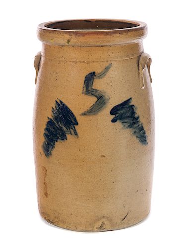 5 GALLON BLUE DECORATED STONEWARE