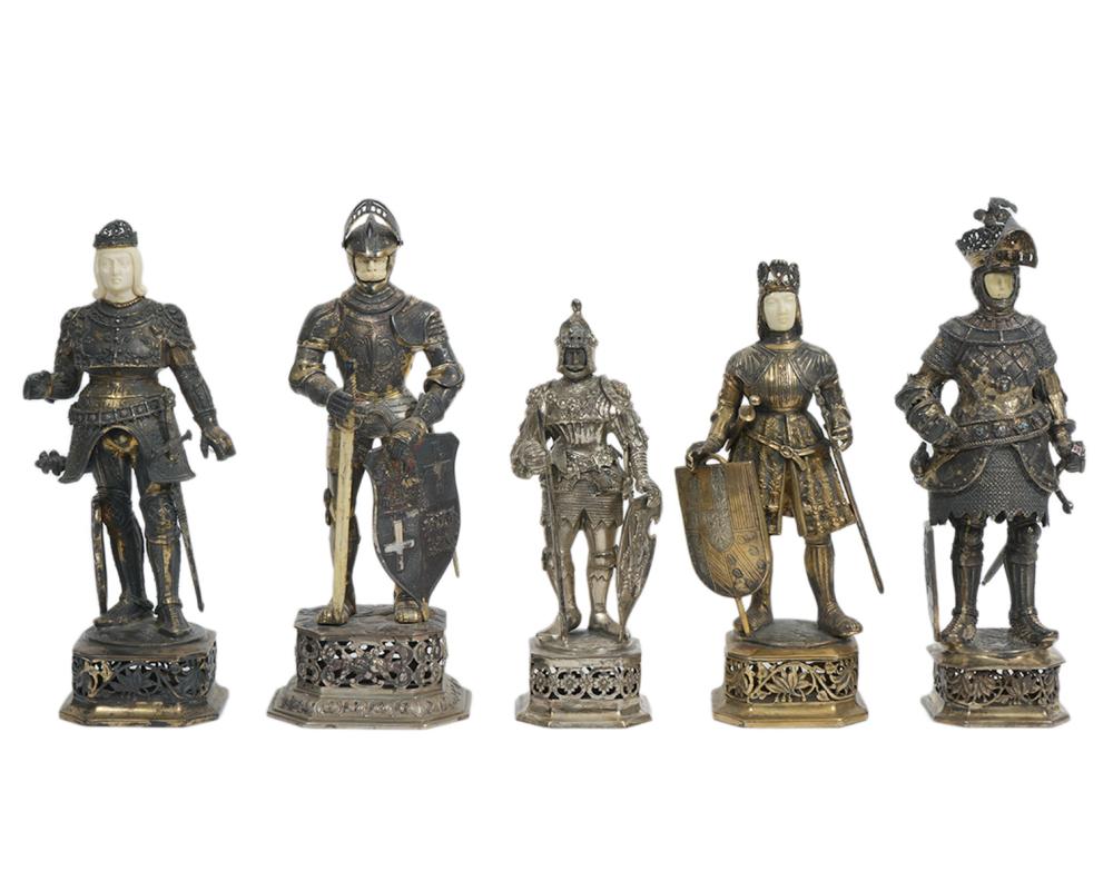 5 GERMAN STERLING KNIGHTS W/ CARVED