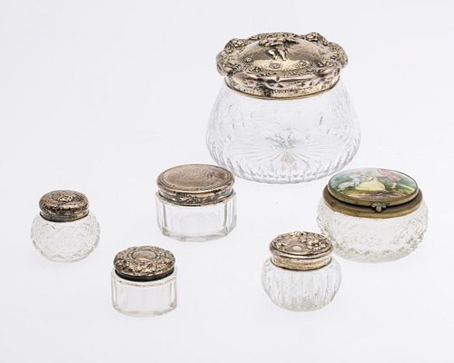 5 GLASS AND STERLING SILVER JARS