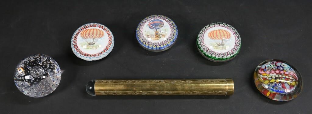 5 GLASS PAPERWEIGHTS AND BRASS