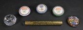5 GLASS PAPERWEIGHTS AND BRASS