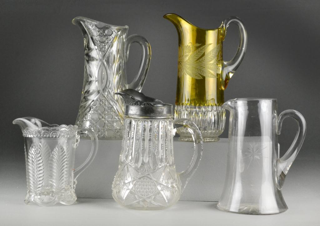 (5) Glass PitchersCut glass pressed