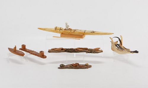 5 INUIT CARVINGS - WOOD, BONE,
