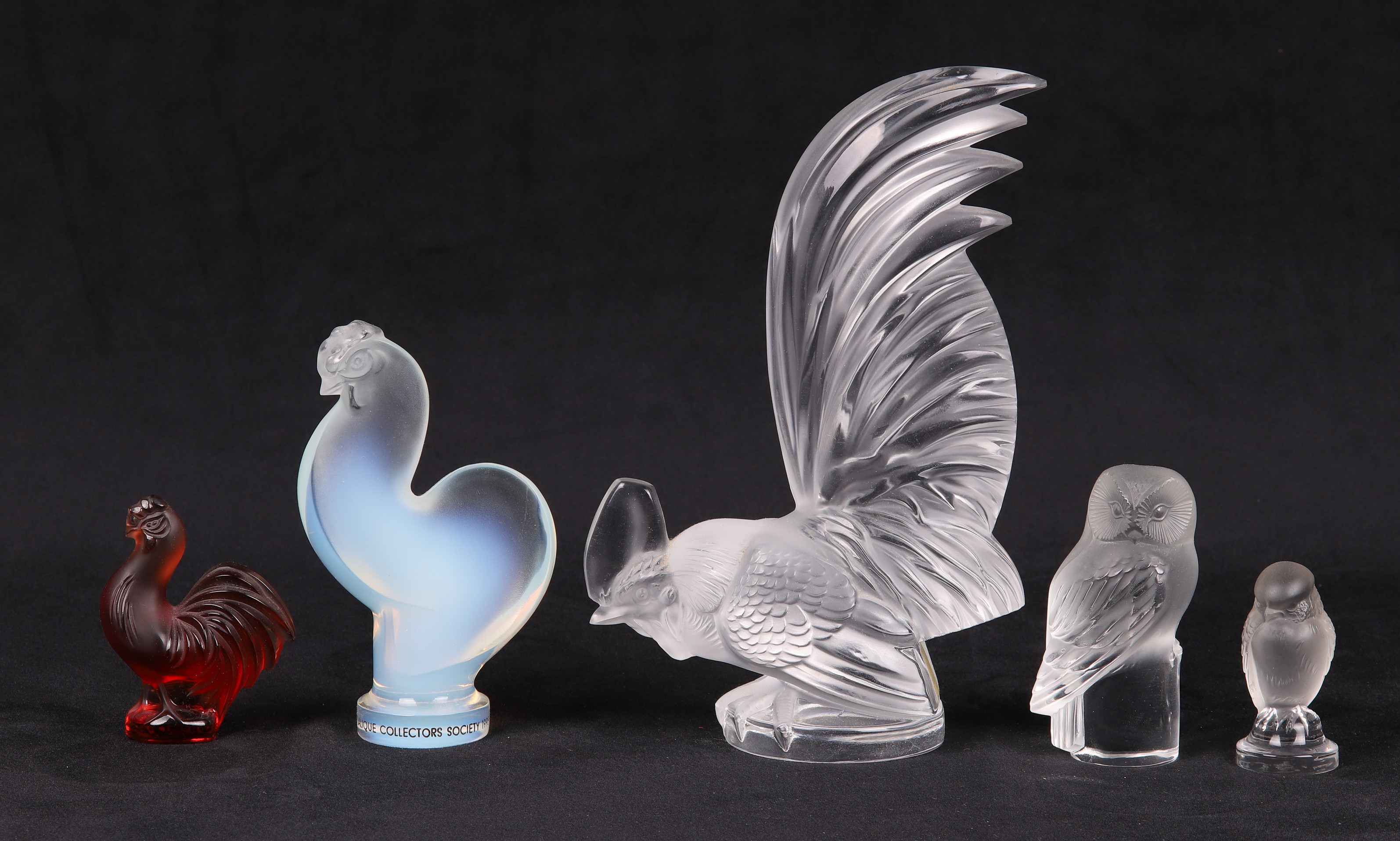 (5) Lalique crystal roosters and