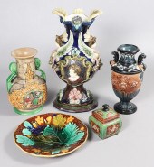 (5) Majolica vases, plate, cov