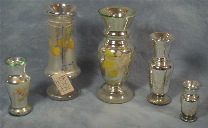 5 mercury glass vases,  3 1/4" to 8
