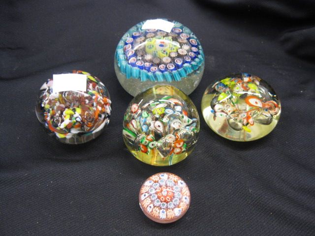 5 Millefiori Art Glass Paperweights