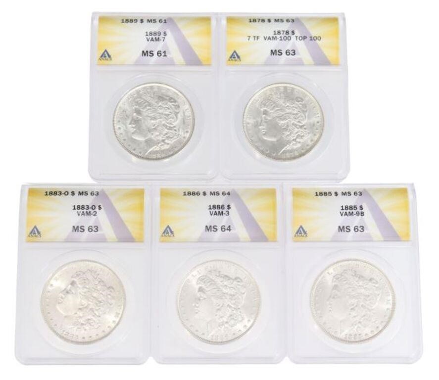(5) MORGAN SILVER DOLLARS, ANACS