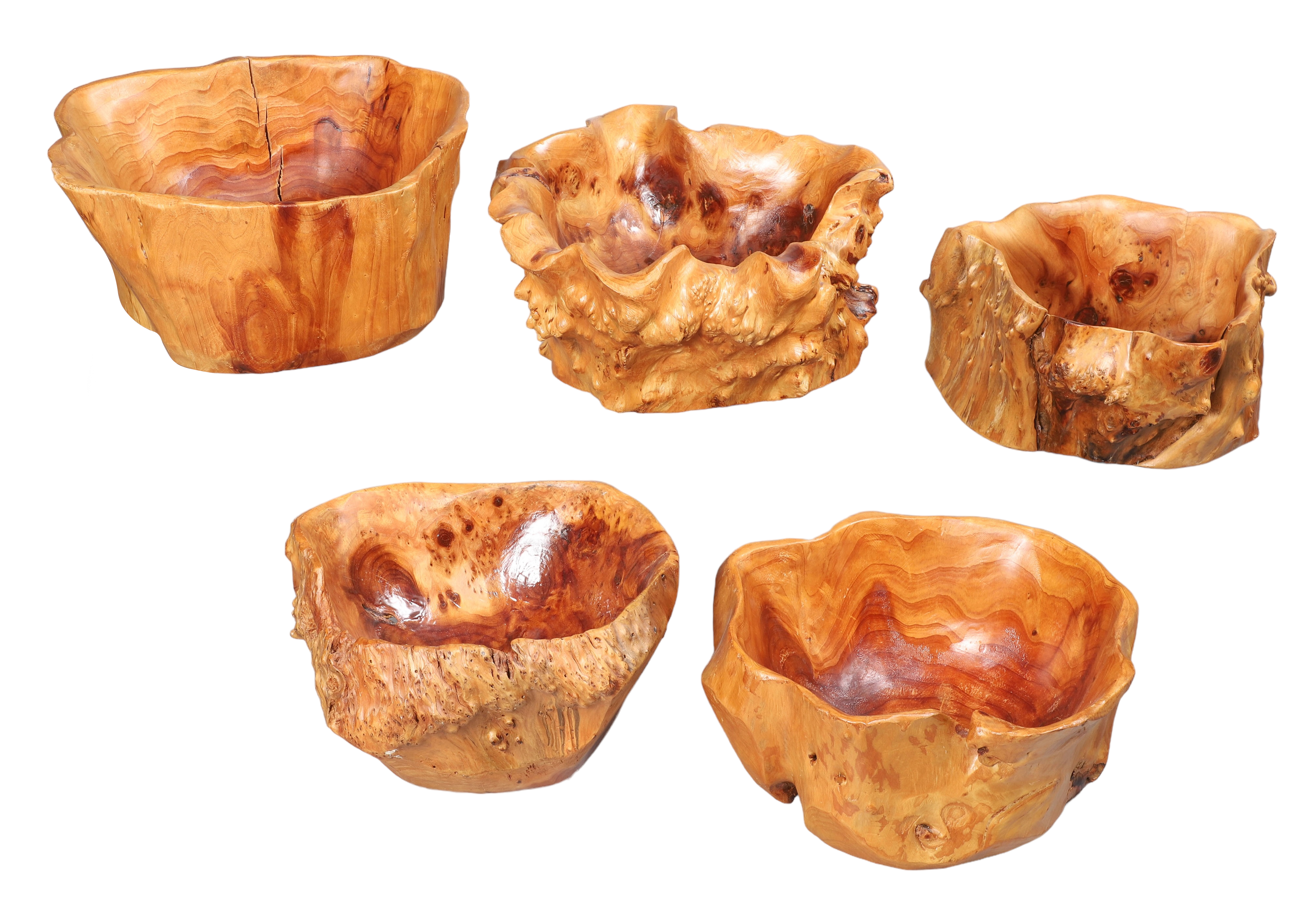 (5) Natural wood bowls, all