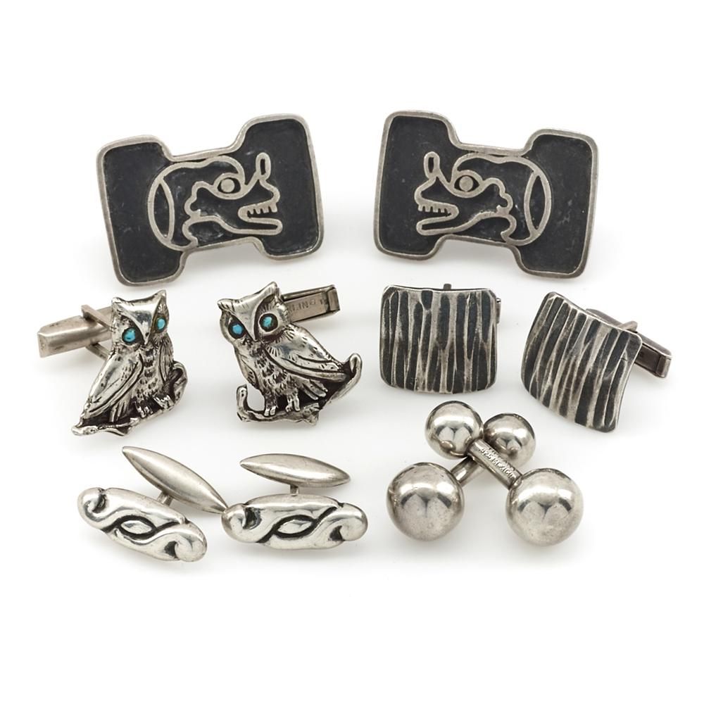 5 PAIR MEXICAN SILVER CUFFLINKS