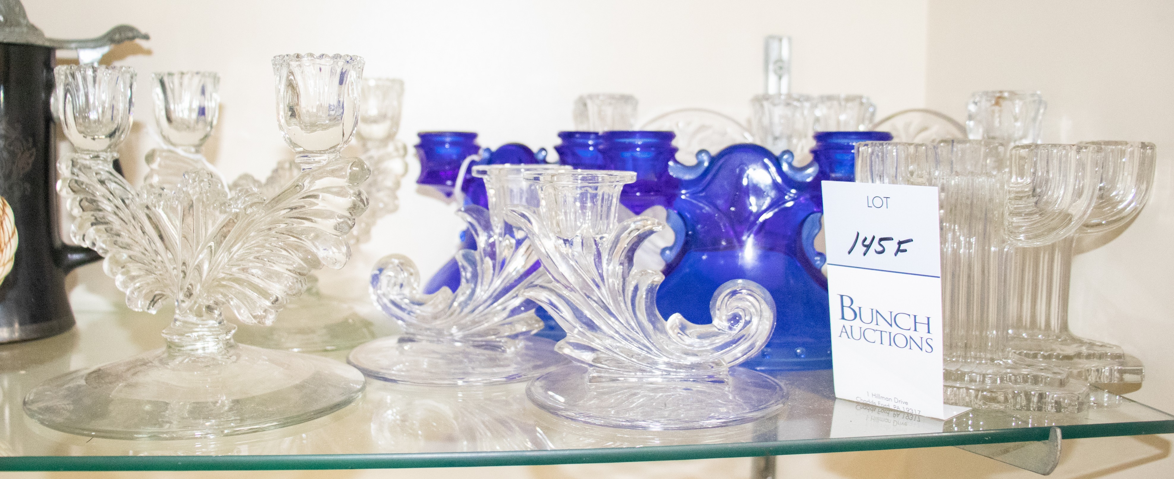 (5) Pair of glass candlesticks, c/o