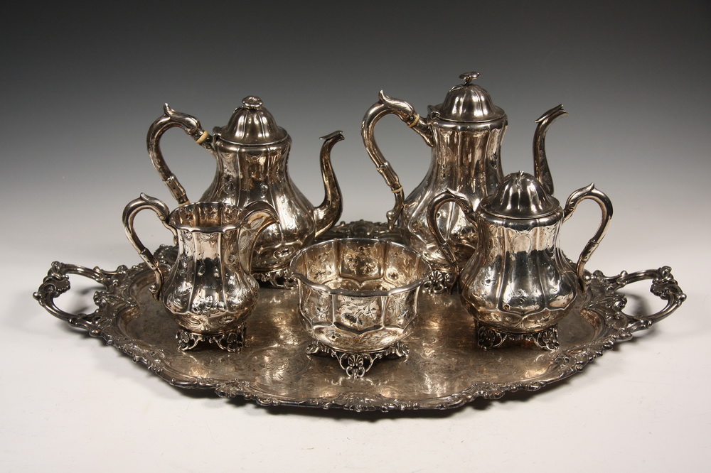 (5 PC) COIN SILVER TEA SET ON