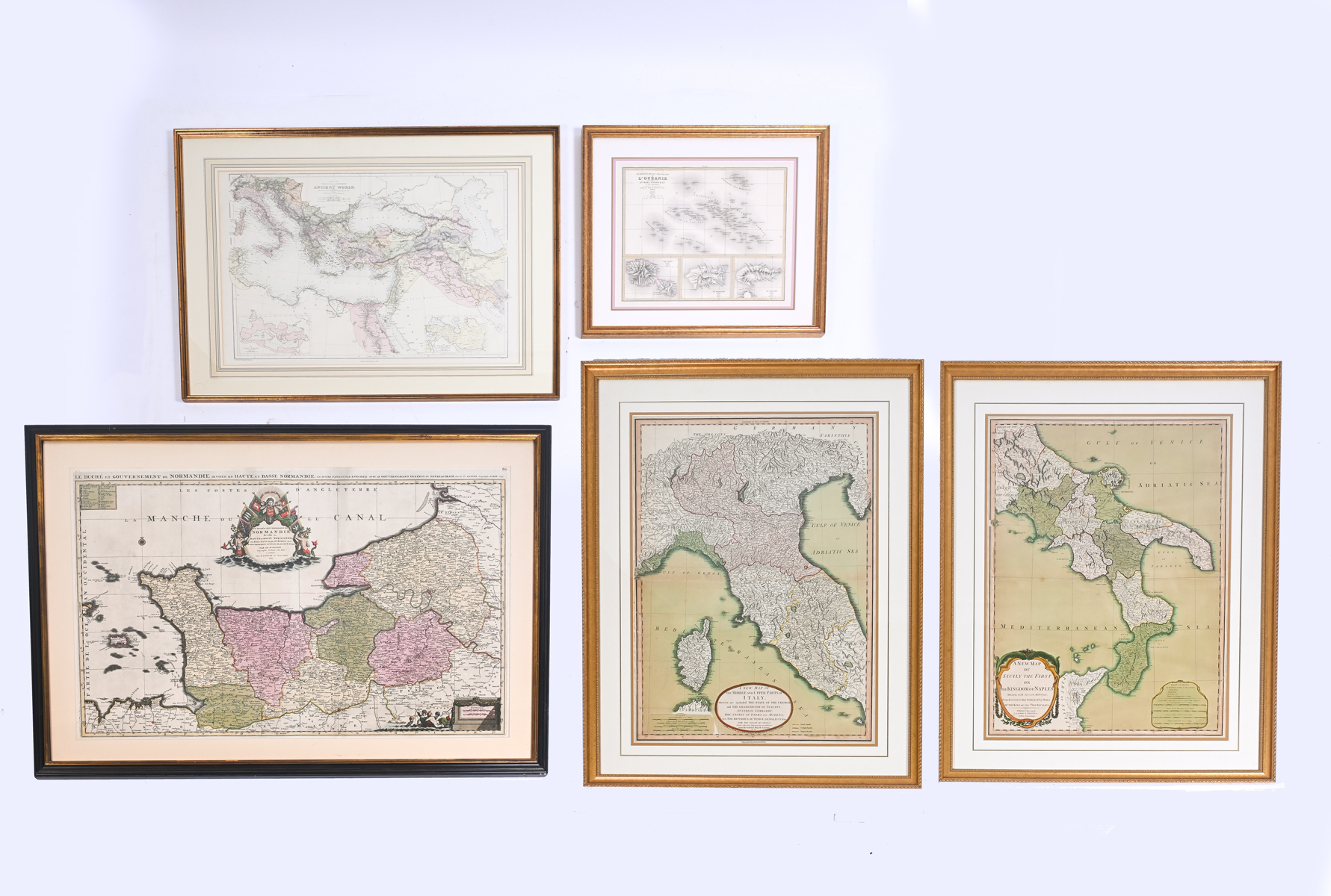 5 PC. FRAMED HAND-COLORED ANTIQUE