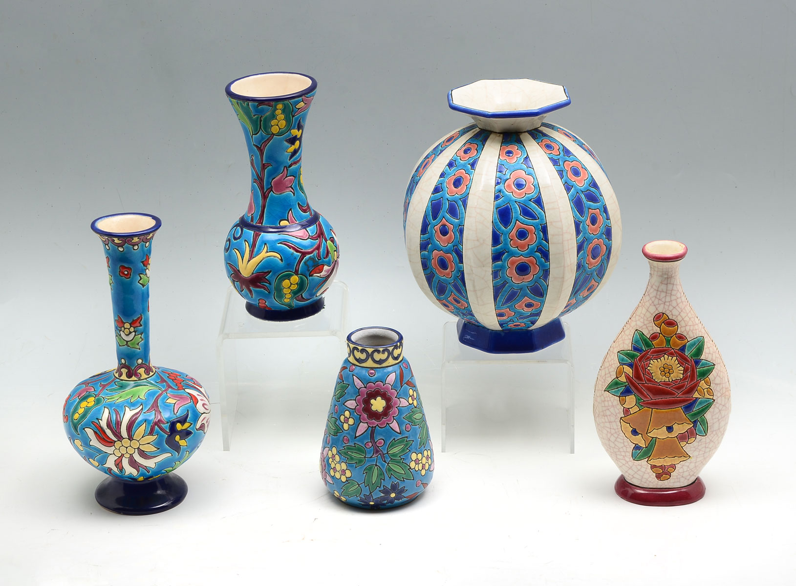 5 PC. LONGWY INCISED VASES: