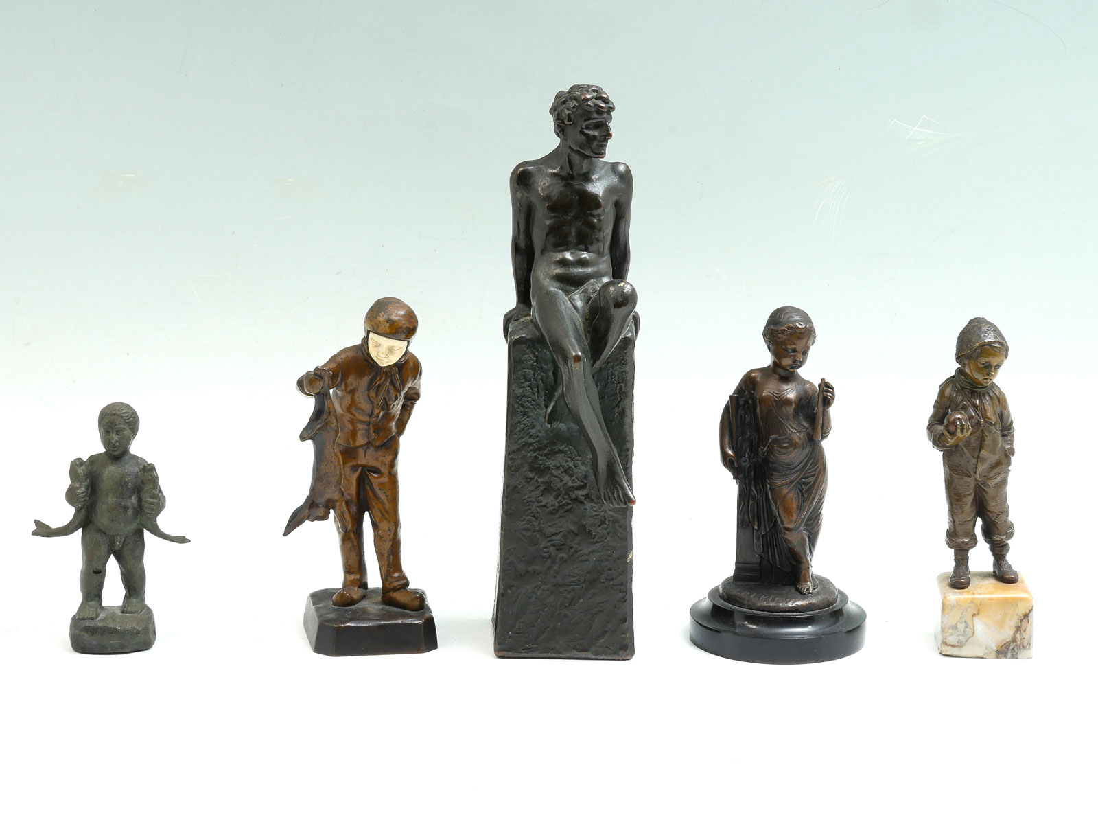 5 PC SCULPTURE LOT: Bronze of young