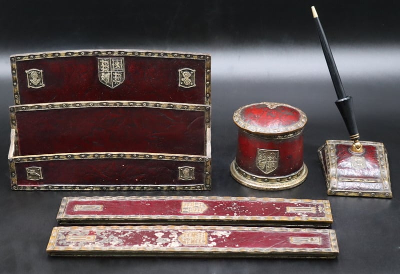 5 PC. TIFFANY STUDIOS HERALDIC DESK