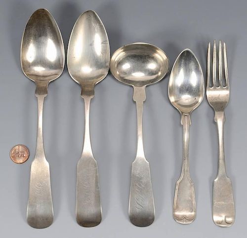 5 PCS. AL COIN SILVER FLATWARE,