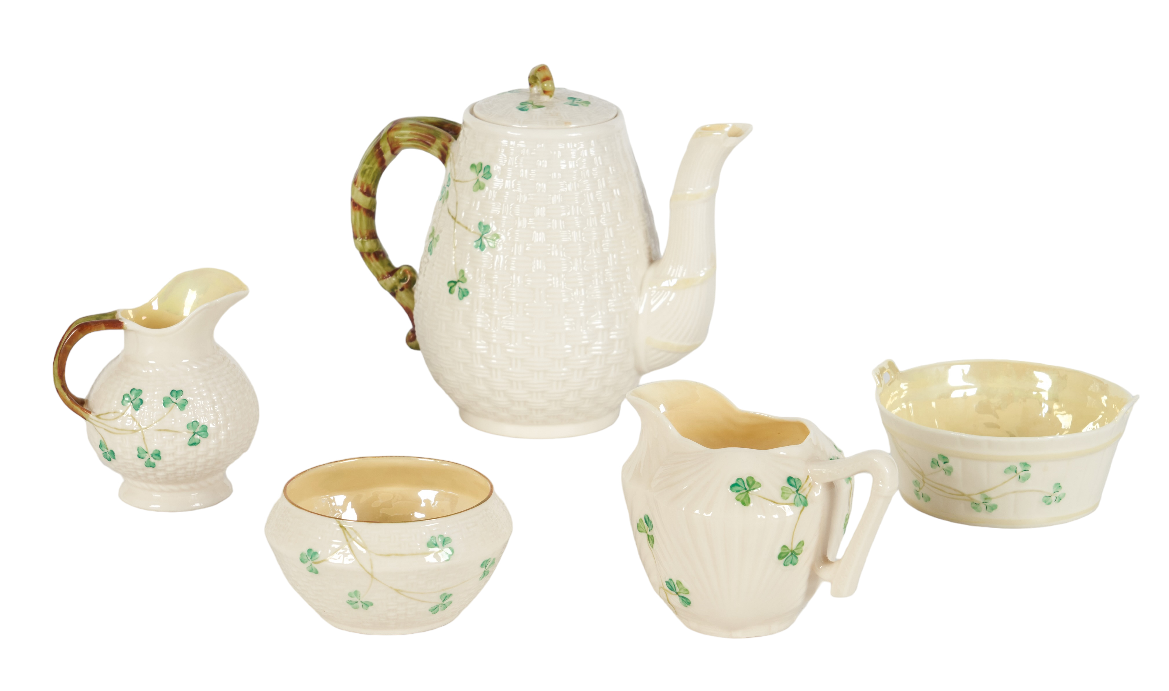 (5) Pcs Belleek Shamrock porcelain,