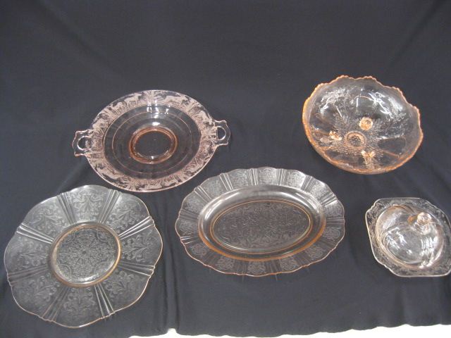 5 pcs. Pink Depression Glass;footed