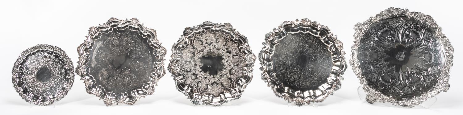 5 PCS, SILVERPLATE SALVERS,
