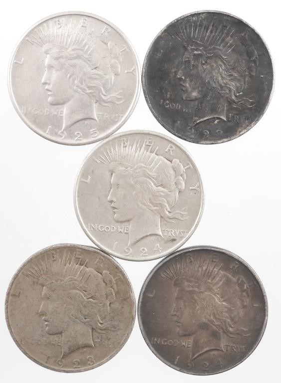 5 PEACE SILVER DOLLARS, VARIOUS