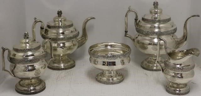 5 PIECE COIN SILVER TEA AND
