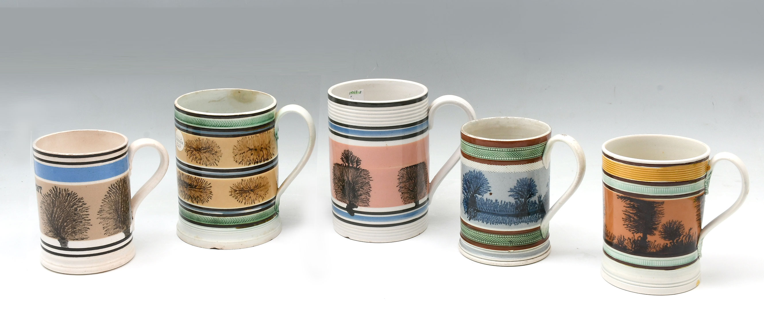5 PIECE EARLY MOCHAWARE MUGS