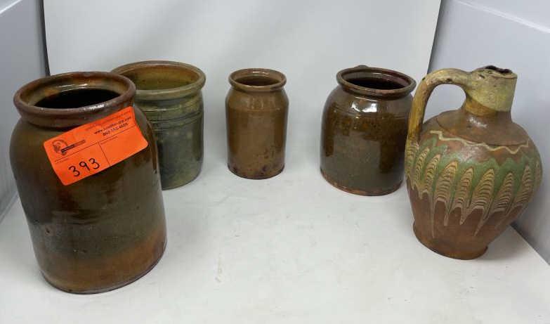 5 PIECE REDWARE POTTERY, (2) JUGS &