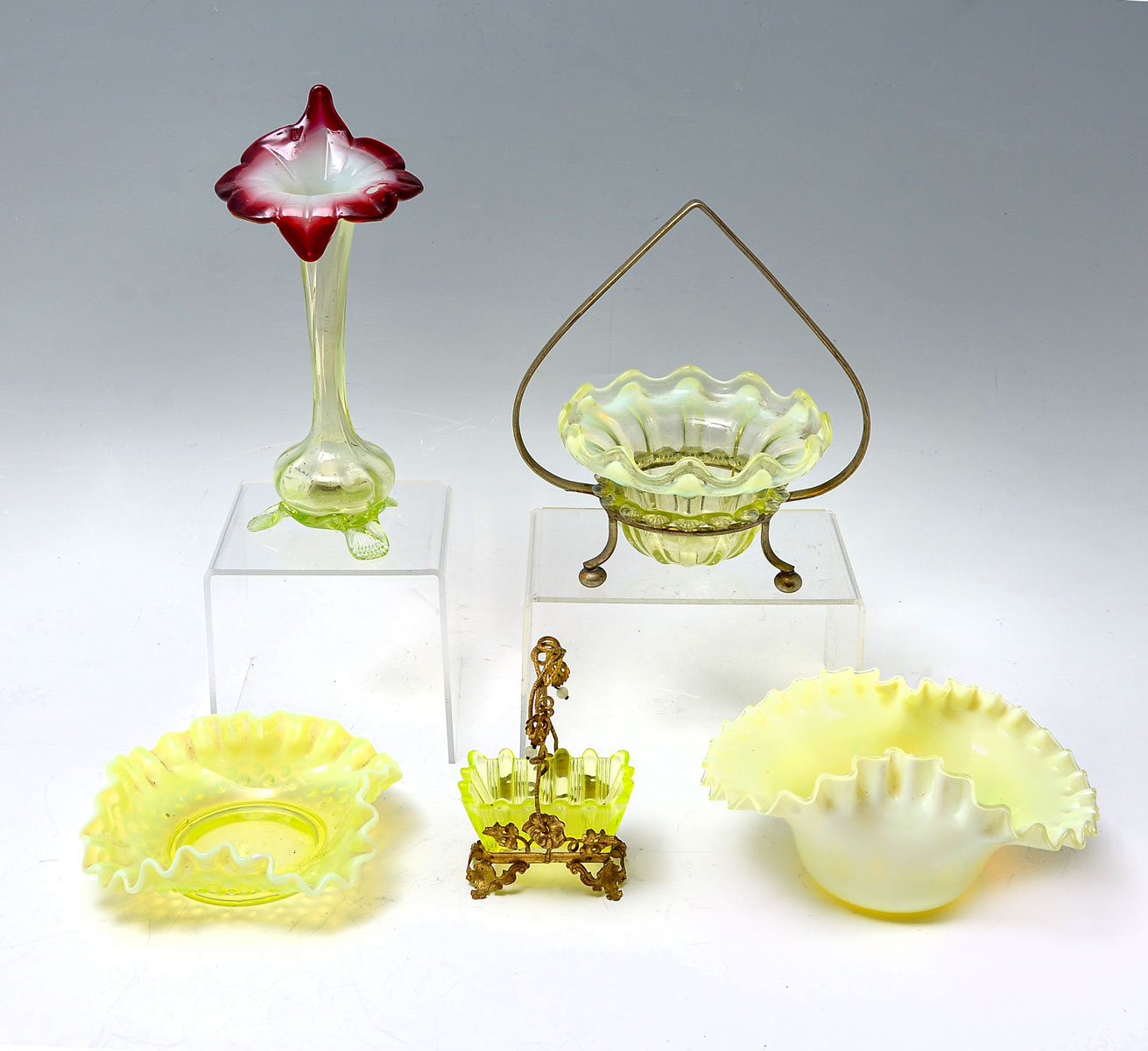5 PIECE VASELINE ART GLASS