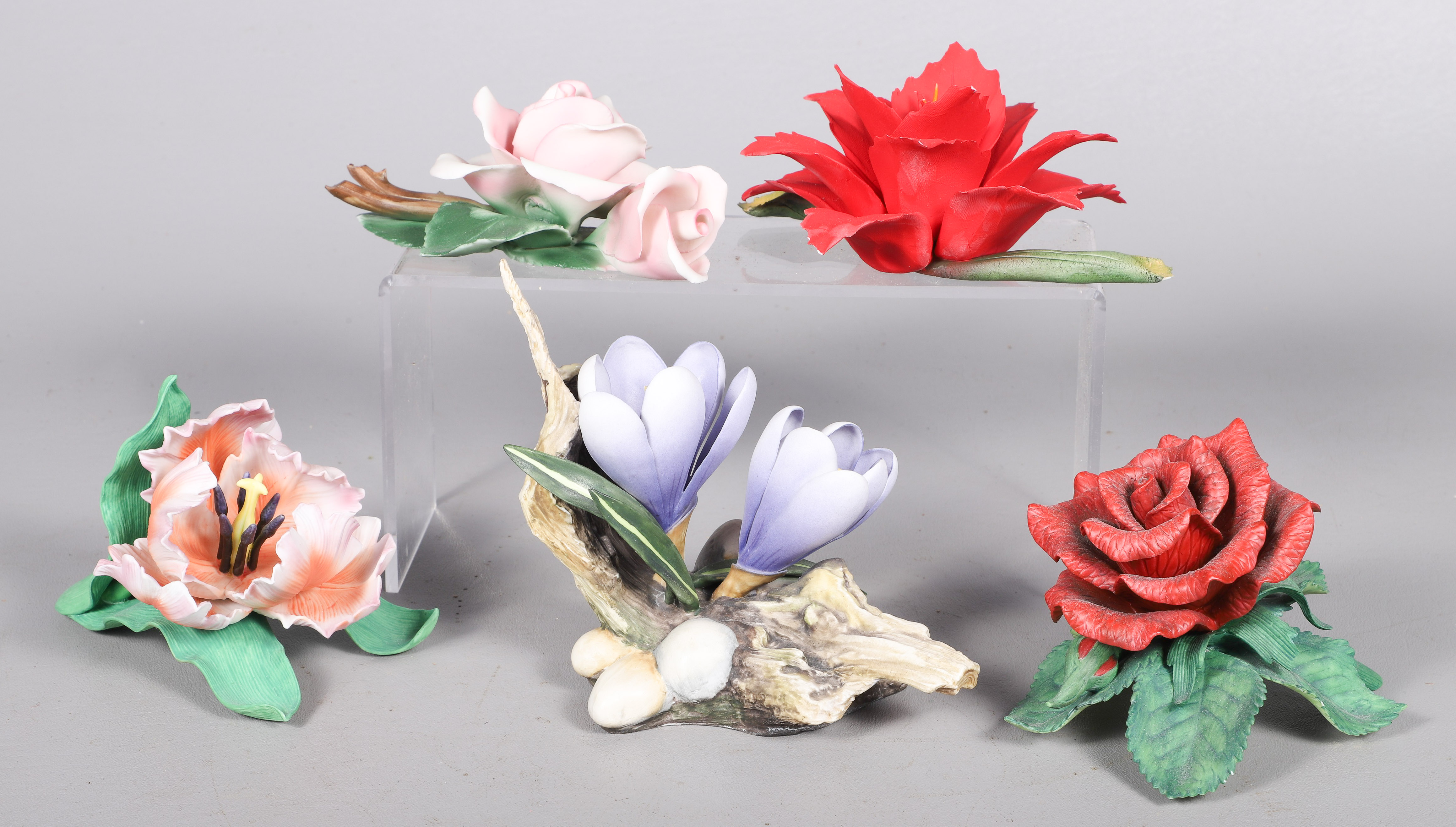 (5) Porcelain floral figurines, c/o