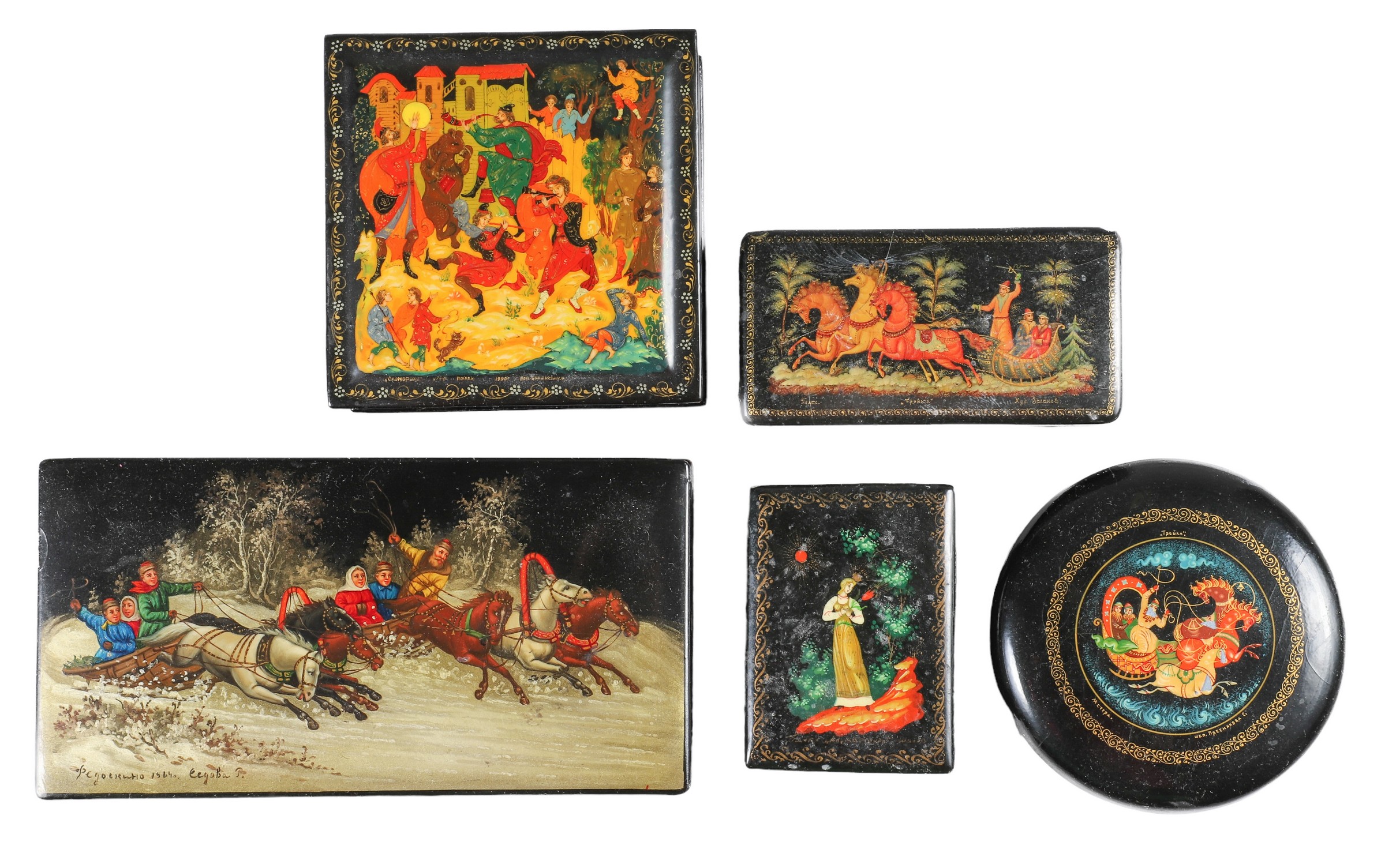 (5) Russian lacquer boxes, all