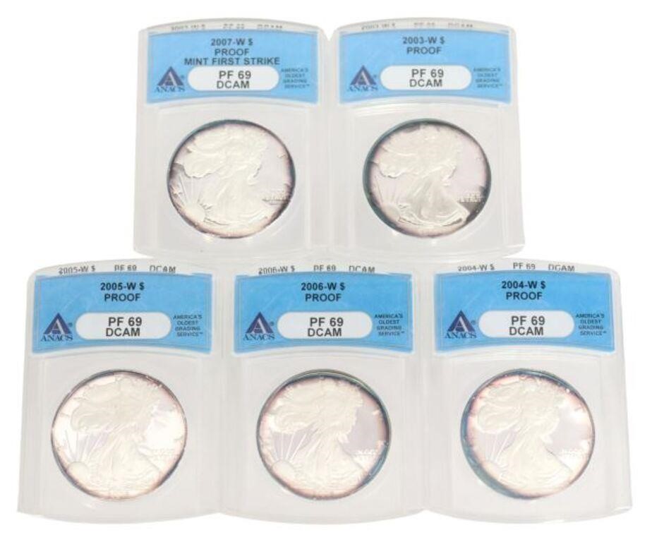 (5) SILVER EAGLES, ANACS GRADED,