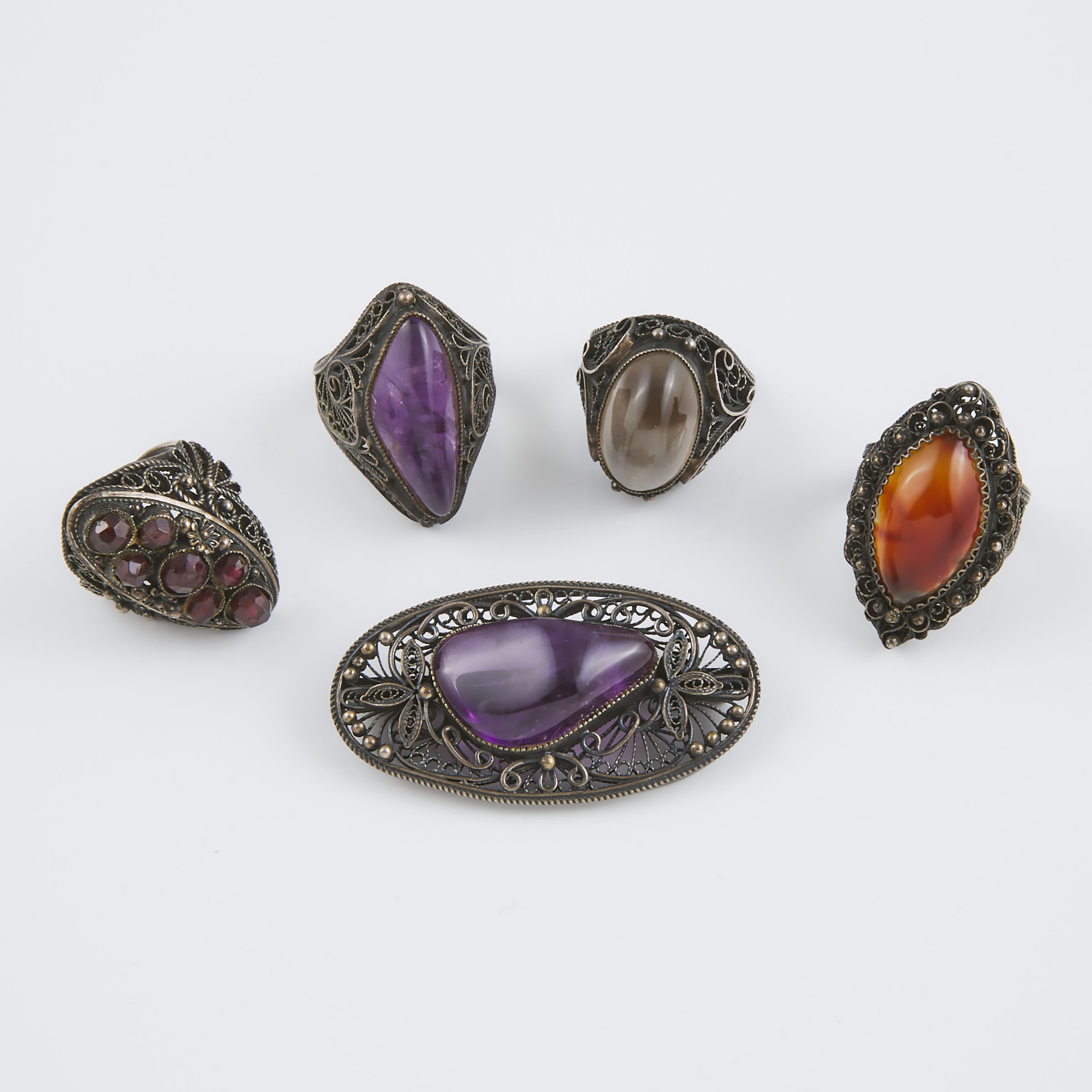 5 Silver Filigree Pieces Of