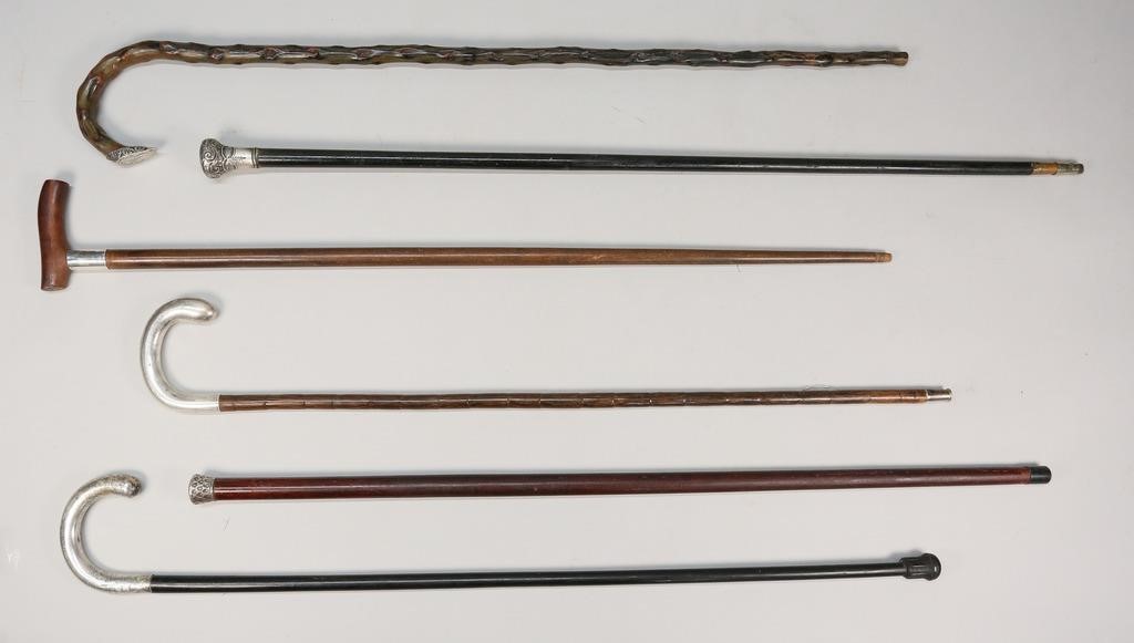 5 SILVER HANDLED CANES, 1 WALKING