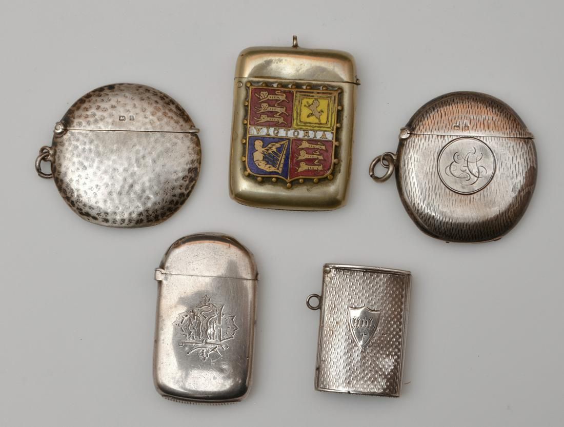 5 SILVER MATCH SAFES. 4 ARE