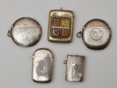 5 SILVER MATCH SAFES. 4 ARE EN