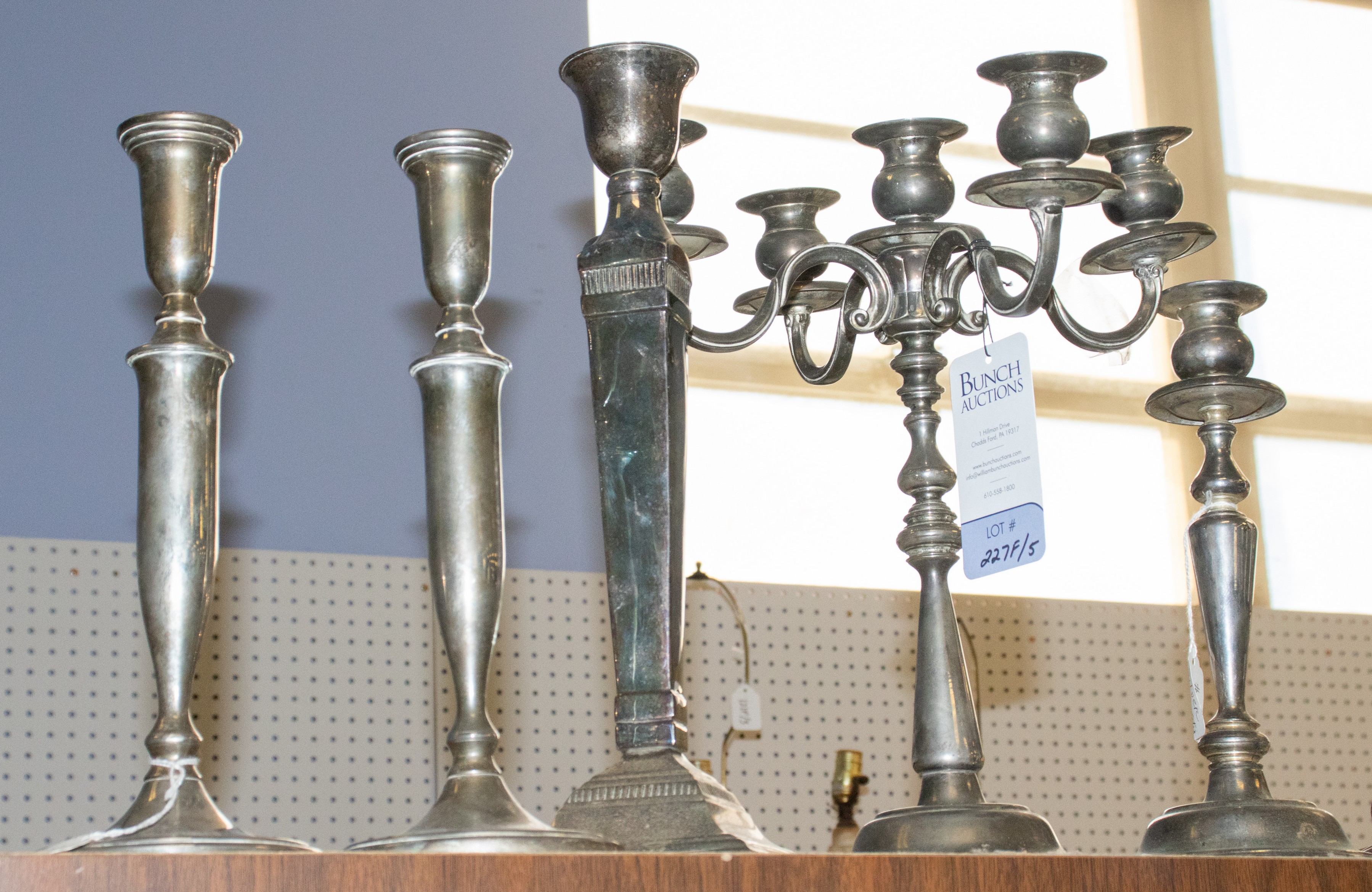 (5) Silver plate candlesticks,