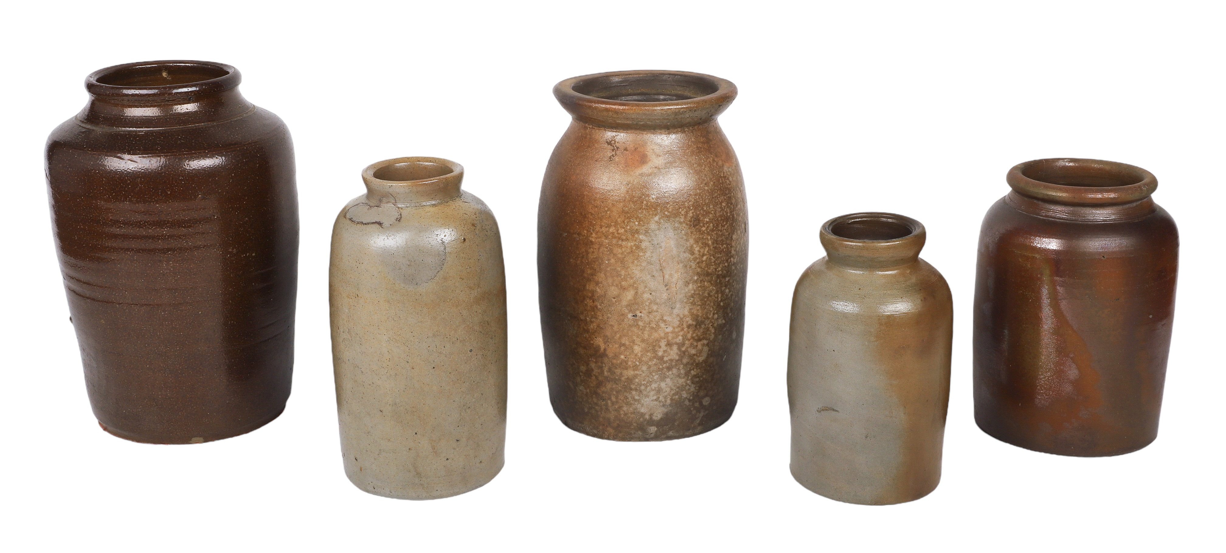 (5) Stoneware jars, unmarked,
