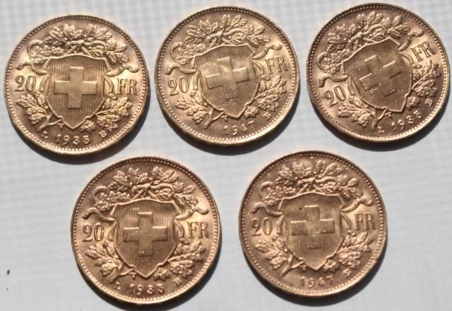 5 SWISS 20 FRANC GOLD COINS.
