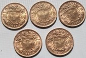 5 SWISS 20 FRANC GOLD COINS. 1