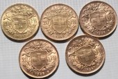 5 SWISS 20 FRANC GOLD COINS. 1