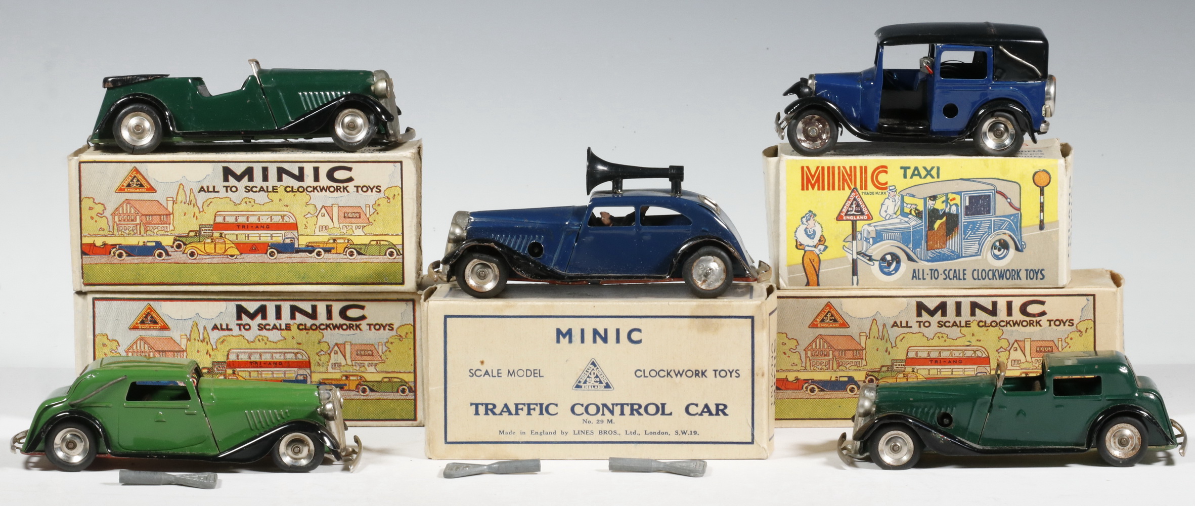 (5) TRI-ANG MINIC CARS, IN BOXES