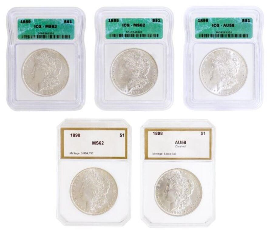 (5) US MORGAN SILVER DOLLARS, MS 62