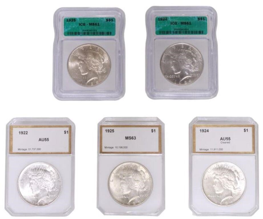 (5) US PEACE SILVER DOLLARS, MS 61,