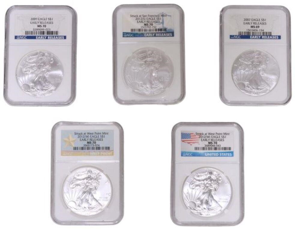 (5) US SILVER EAGLE $1 COIN, EARLY,