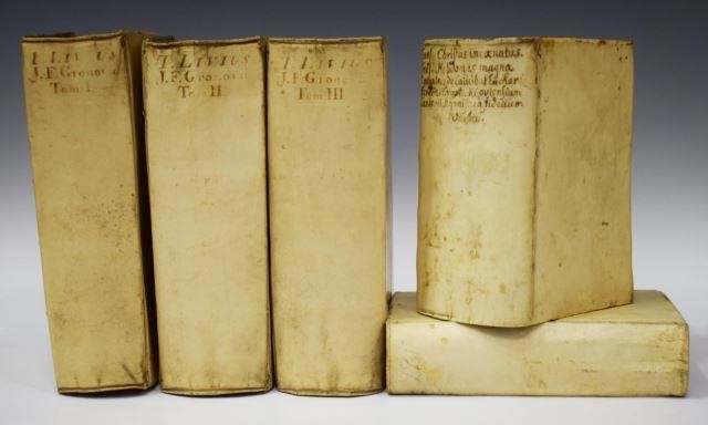 (5) VELLUM-BOUND LATIN BOOKS,