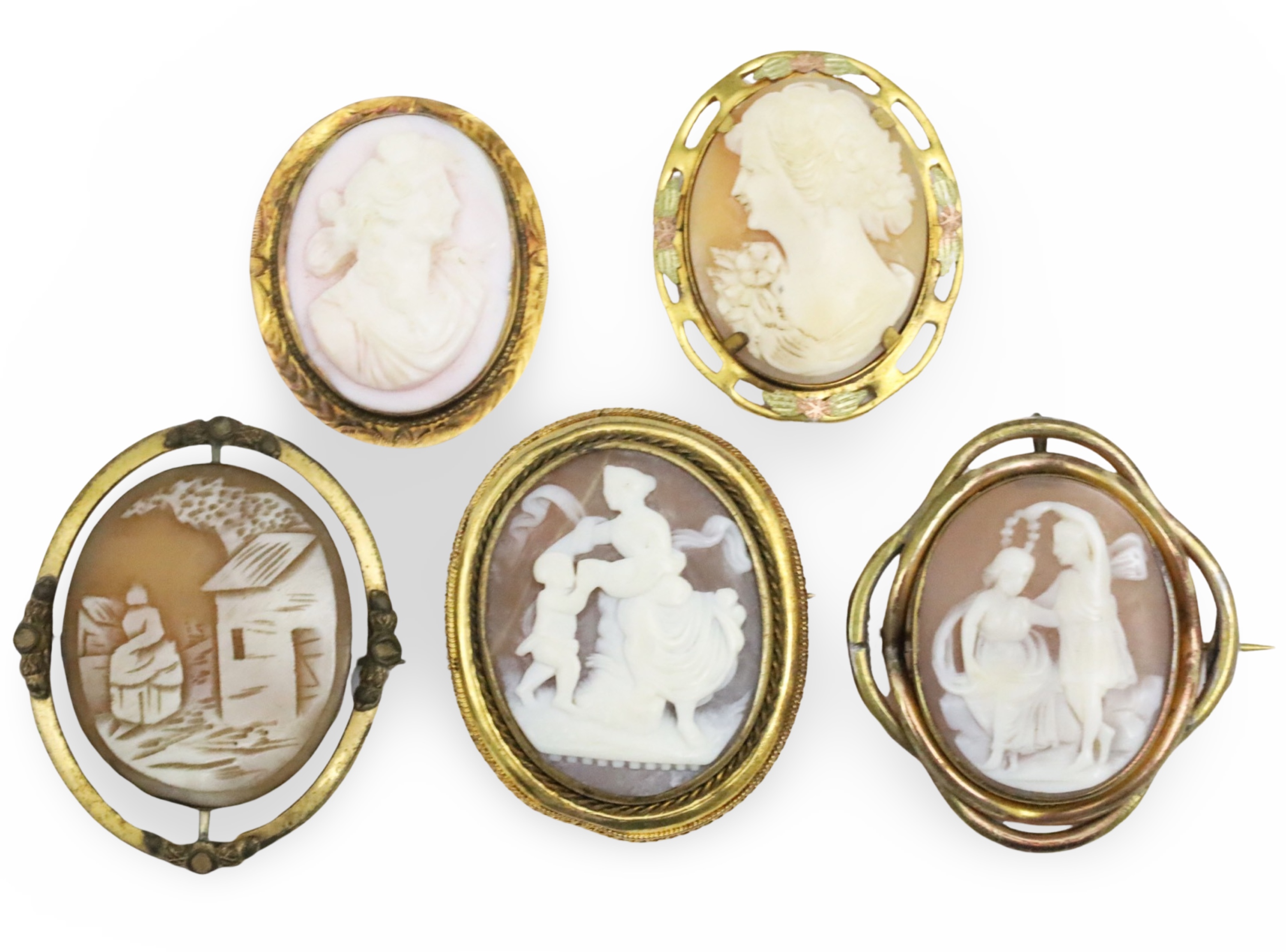 5 VICTORIAN CAMEO BROOCH PINS INCL.