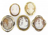 5 VICTORIAN CAMEO BROOCH PINS