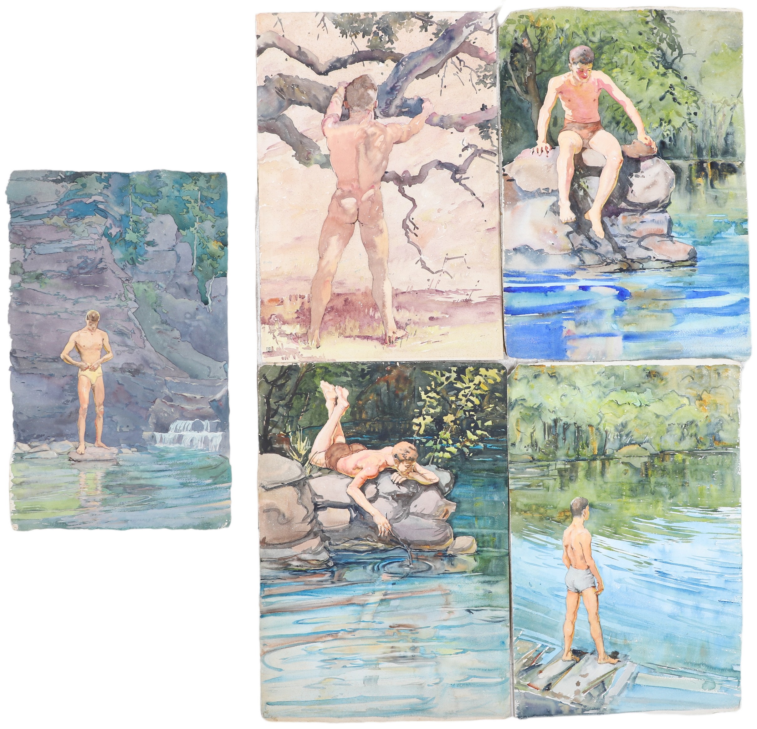 (5) Watercolors of Male Nudes,